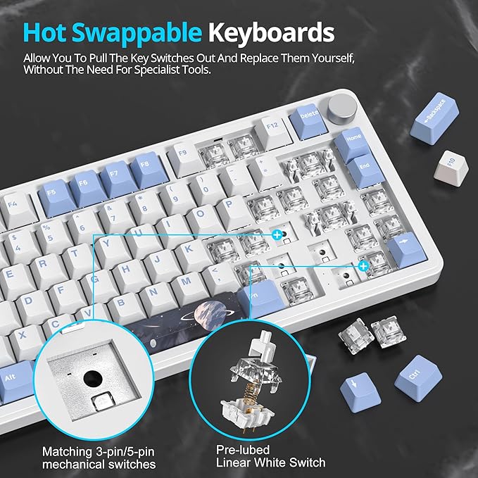 Fogruaden M75 Wireless Creamy 75% Mechanical Gaming Keyboard Hot Swappable Custom RGB Backlit Gasket Pre-lubed Linear White Switches Bluetooth/2.4GHz/USB-C Five-Layer Pad&ampKnob