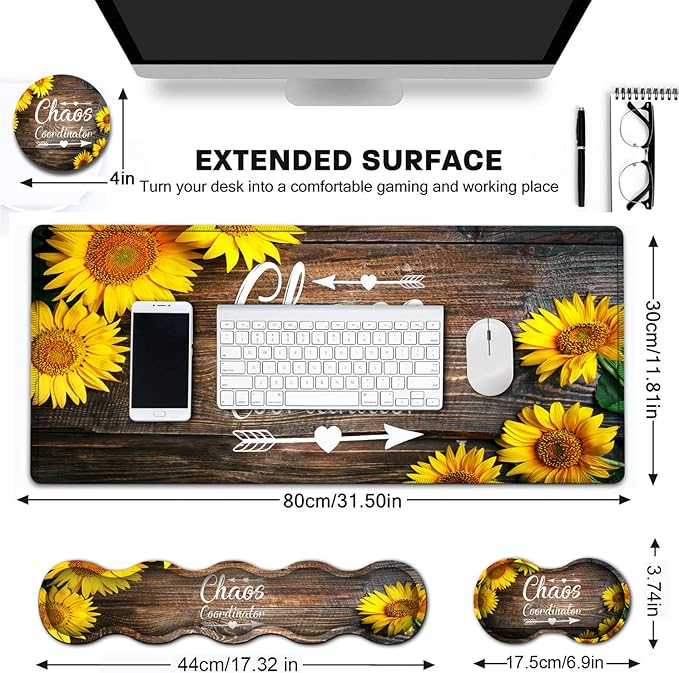 Desk Pad Keyboard Mouse Pad Set Extended Gaming Mouse Pad+ Ergonomics Memory Foam Wrist Rest Support31.5x11.8in Waterproof Large Mouse Pad for Home OfficeChaos Coordinator Sunflower XXL Mouse Mat
