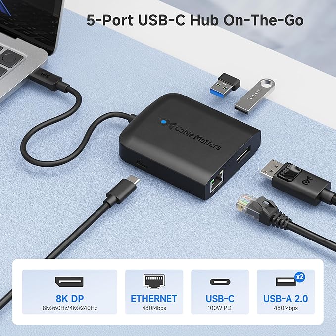 Cable Matters USB C Multiport Adapter (USB C Hub with DisplayPort 8K) 2X USB 2.0 Fast Ethernet and 60W Charging in Black - Thunderbolt 4 / USB4 / Thunderbolt 3 Port Compatible with MacBook Pro