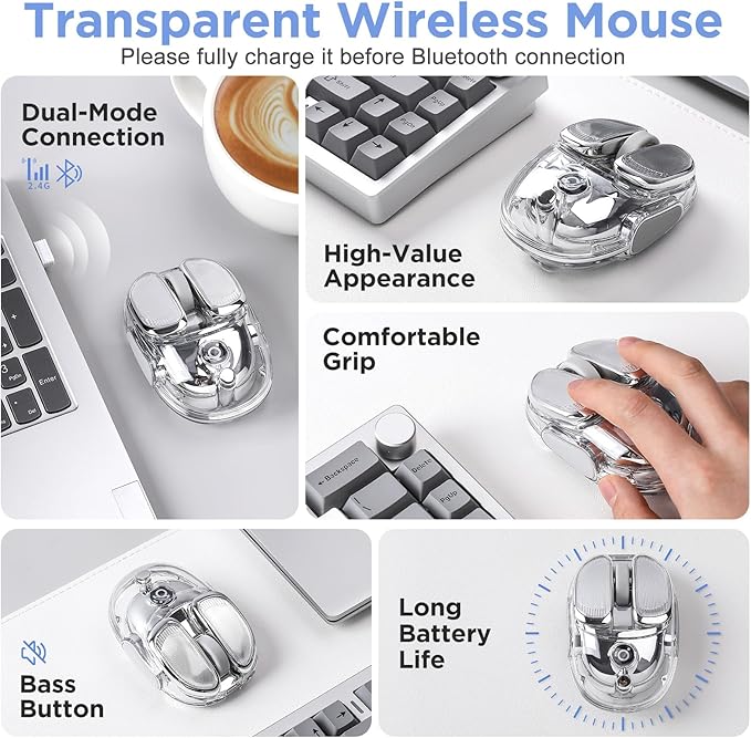 Q9 Wireless Mouse 2.4G/BT Dual Mode 4 Adjustable DPI (800-4800) Ultra-Quiet Click Bluetooth Mouse with RGB Breathing Light 500mAh Long Battery Portable for PC/Laptop/Mac/Tablet(Silver)