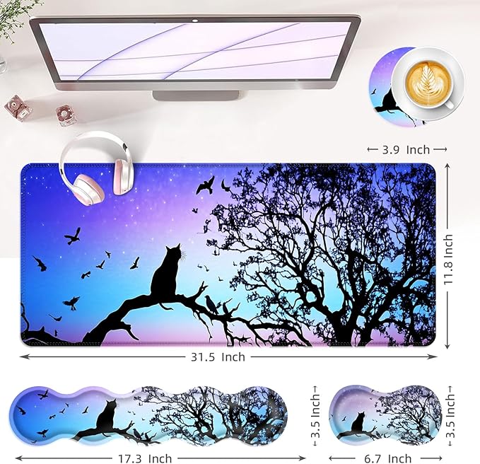 Large Keyboard Mouse Pad Set Extended Mouse Pad+Keyboard Wrist Rest Support Memory Foam Ergonomic Easy Typing 4Pcs (31.5×11.8 in) Desk Pad Set for Office HomeBlack Cat Under Starry Night