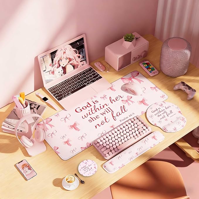 Desk Mat Set + Keyboard and Mouse Pad with Wrist Rest Support4-in-1 Large Mousepad Computer Mats for Desktop Home &amp Office-Pink Bowtie