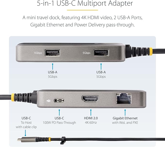 StarTech.com USB-C Docking Station for MacBook Pro M1 M2 M3 M4 and Windows 4K 60Hz HDMI Video HDR10 USB 5Gbps Hub 100W Laptop Charging GbE