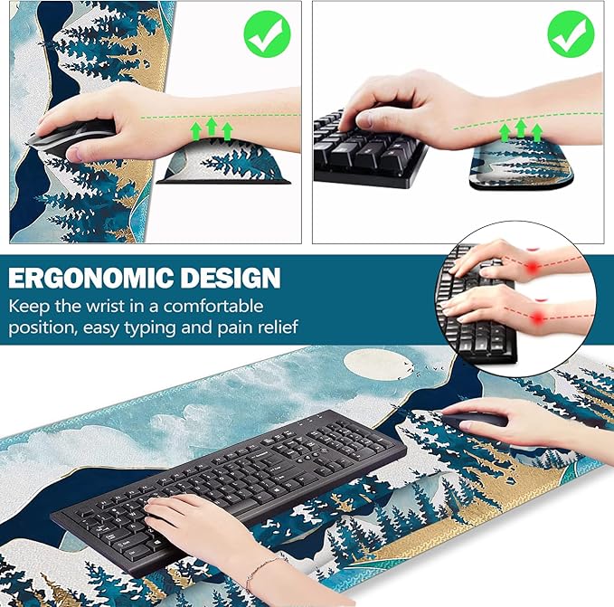 ARTSO Large Gaming Mouse Pad Set Keyboard Wrist Rest Support + Mouse Wrist Cushion + Extended Mousepad + Coaster 35x15.5in Multifunctional Desk Mat Abstract Mountain