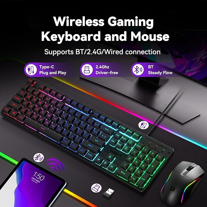 Redragon S107KS Wireless Gaming Keyboard and Mouse RGB Backlit 3 Mode (Wired/2.4G/BT) Up to 10000 DPI Gaming Mouse with Software Ultra Lightweight 65g 25 Key Anti-Ghosting Keyboard for PC