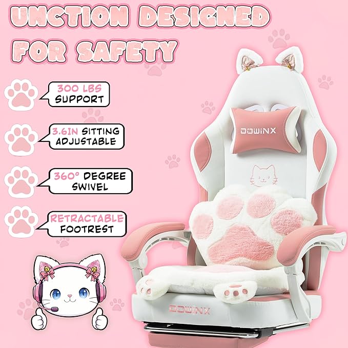 Dowinx Gaming Chair with Cat Ears and Paw Lumbar Pillow Ergonomic Reclining Chair Memory Foam and Spring Cushion Footrest 300lbs Capacity Cute and Comfortable Design for Women &amp Girls