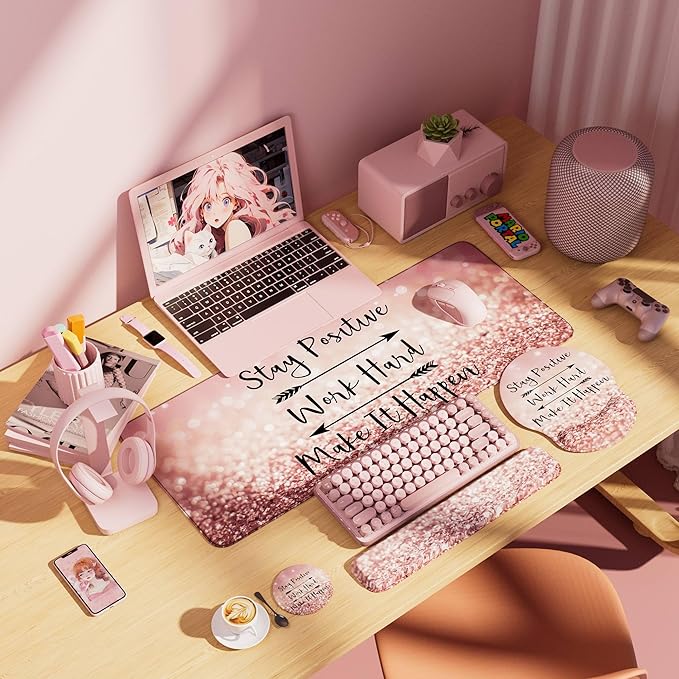 Desk Mat Set + Keyboard and Mouse Pad with Wrist Rest Support4-in-1 Large Mousepad Computer Mats for Desktop Home &amp Office-Glitter Pink