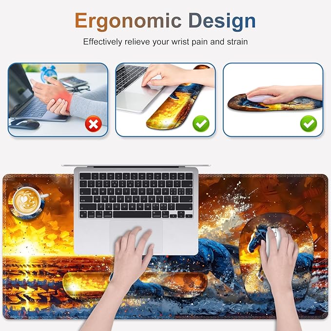 Large Mouse Pad Keyboard Wrist Rest Set Ergonomic Mouse Pad with Wrist Support Desk Mat with Stitched Edges + Coaster Extended Desk Pad Waterproof Desk Mat for Home Office Game I Running Horse