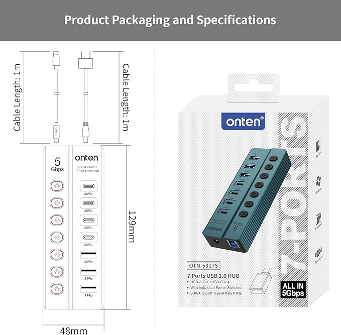 Onten OTN - 5317S 7 - Port USB 3.0 Hub 5Gbps High - Speed Data Transfer Independent Switches Wide Compatibility for Laptop Pad Phone Game Console