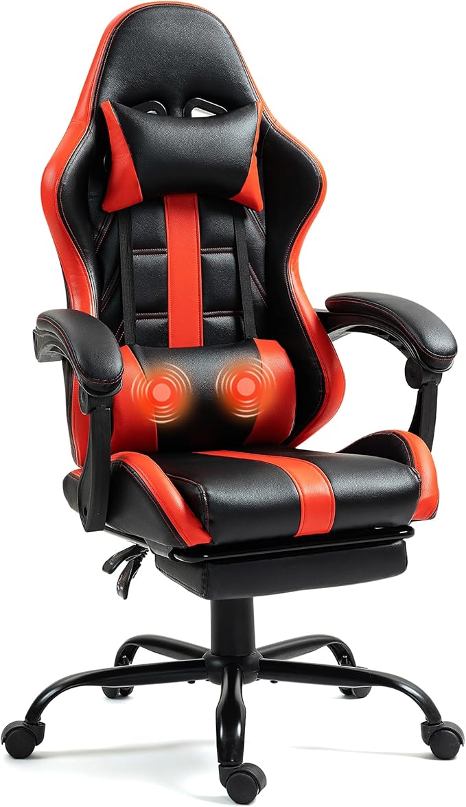 Massage Gaming Chair w/Footrest Ergonomic High Back PC Chair w/Headrest and Lumbar PU Swivel Home Desk Office Chair Red