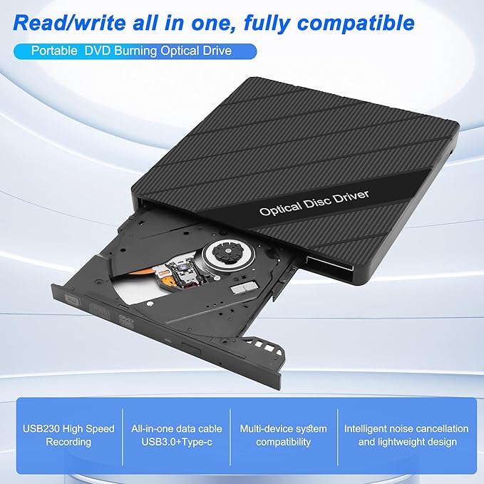 XMSJSIY External CD/DVD Drive for Laptop USB 3.0 Type-C Portable CD/DVD ROM +/-RW Drive Burner Writer Player Reader Disk Duplicator with USB 3.0/Type-C/SD/TF Card Ports 8 in 1 for Desktop PC Mac