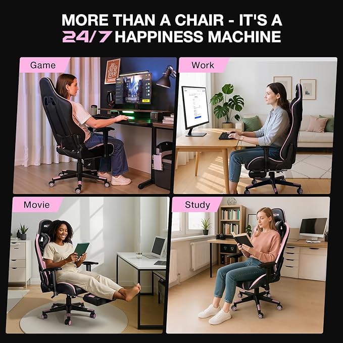 Douxlife 7-Point Massage Gaming Chair with Footrest 400lbs Heavy Duty Ergonomic Computer Chair 175° Reclining High Back Racing Seat for Adults with Adjustable Armrests &amp Lumbar Support Black Pi