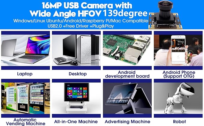 ELP 16MP Wide Angle USB Camera Module with 170degree Fisheye Lens for Raspberry Pi Computer 4K Mini UVC USB2.0 Video Webcam Board Industrial PC Lightburn IMX298 Laptop ELP-USB16MP01-L170
