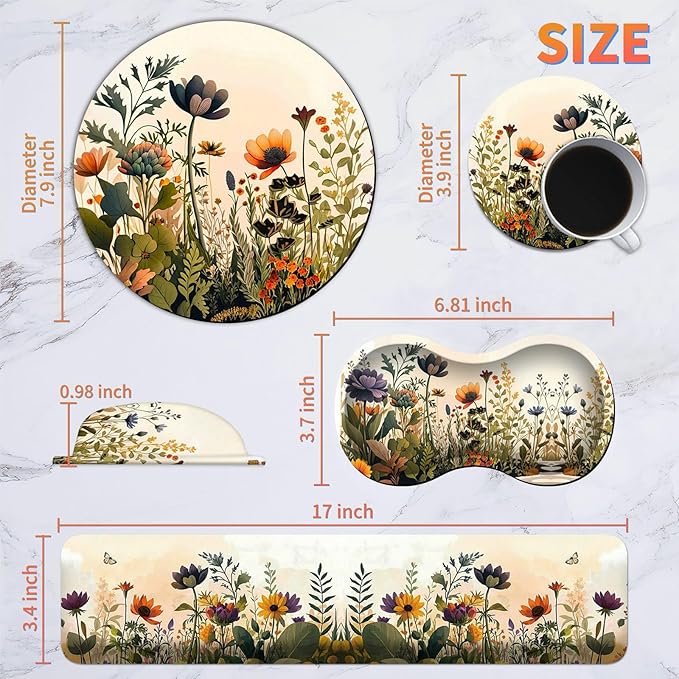 Mouse Pad with Wrist Rest + Keyboard Wrist Rest + Gaming Mouse Pad + Coasters Ergonomic Memory Foam Wrist Pad Set with Easy Typing &amp Pain Relief for Computer Laptop Office &amp Home - Floral Flow