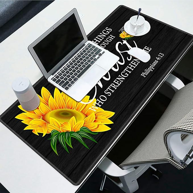 Desk Pad Mat Large Mouse Pad XL Extended Mousepad Gaming with Sunflower Bible 31.5 *11.8 Huge Mouse Pads for Computer Laptop Home Office + Cup Coaster