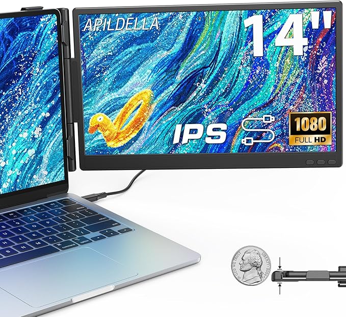 14'' Dual Laptop Screen Extender 1080P FHD Laptop Extended Monitor Portable with Speaker Plug-Play Second Monitor for 13-16'' Laptops Work with Mac Window Chrome