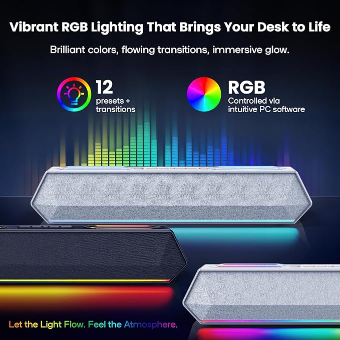 Deeyaple Computer Speakers 40W PC Speakers for Desktop Monitor with Bluetooth 5.3 &amp USB Audio HiFi Stereo Gaming Soundbar with Custom EQ Software Dynamic RGB Lighting for Laptop PS4 PS5 Whit