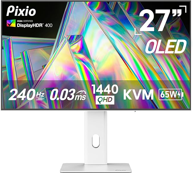 Pixio PX277 OLED Max V2 White 27 inch 240Hz Refresh Rate QHD Wide 1440p Resolution WOLED Display 0.03ms GTG Response Time Adaptive Sync KVM Switch Gaming Monitor