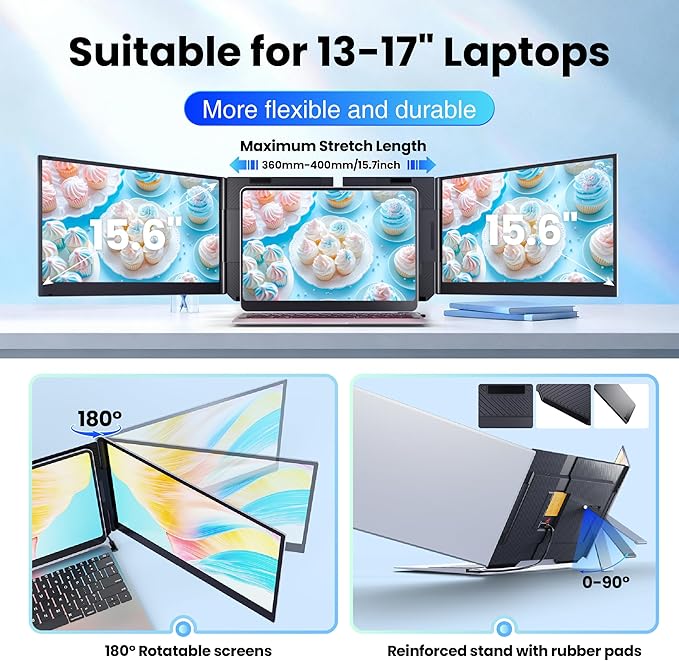 Laptop Screen Extender 15.6 Ultra Light &amp Thin Triple Portable Monitor for Laptop with 1080P FHD IPS Display Two Cable USB-C/HDMI Plug-Play Monitor Extender for Mac/Win/Android Fits 13-17 Lap