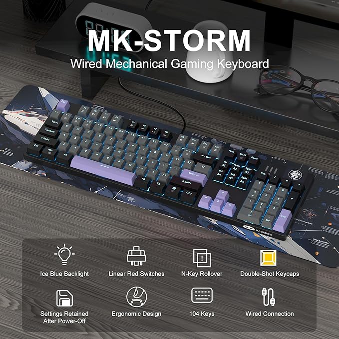 MageGee MK-Storm Mechanical Gaming Keyboard 104 Keys Wired Light Up Keyboard with Linear Red Switch Ice Blue Backlit Double-Shot Keycaps N-Key Rollover for Laptop Desktop PC (Twilight Purple)