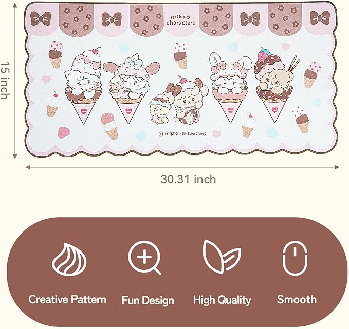 GeekShare Mouse Pad with Stitched Edge Non-Slip Rubber Base Large Gaming Mouse Pad Cute Cartoon Waved Edge Desk Mat for Gaming Home Office Work - Mikko Ice Cream
