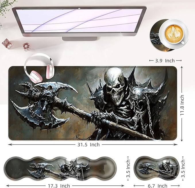Large Keyboard Mouse Pad Set Extended Mouse Pad+Keyboard Wrist Rest Support Memory Foam Ergonomic Easy Typing 4Pcs (31.5×11.8 in) Desk Pad Set for Office HomeFunny Skeleton