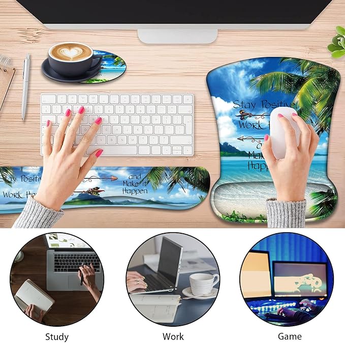 Keyboard Wrist Support + Wrist Mousepad + Coaster Combination Non-Slip PU Base with Gel Memory Mousepad Suitable for Gaming Office Pain Relief Mousepad Set - Shore Palms Tropical Beach
