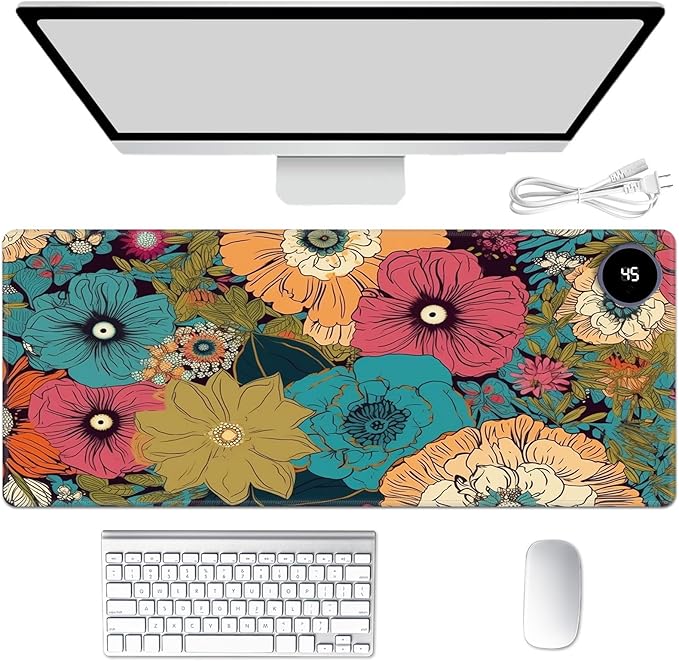 Heated Mouse Pad Hand Warmer Warm Desk Pad Mousepad Desk Mat with 3 Levels Heating and 3 Hours Auto Shut Down 31.5 x 13 inch PU Leather Warmer Keyboard Mat for Gaming Laptop Office Home Art Flower