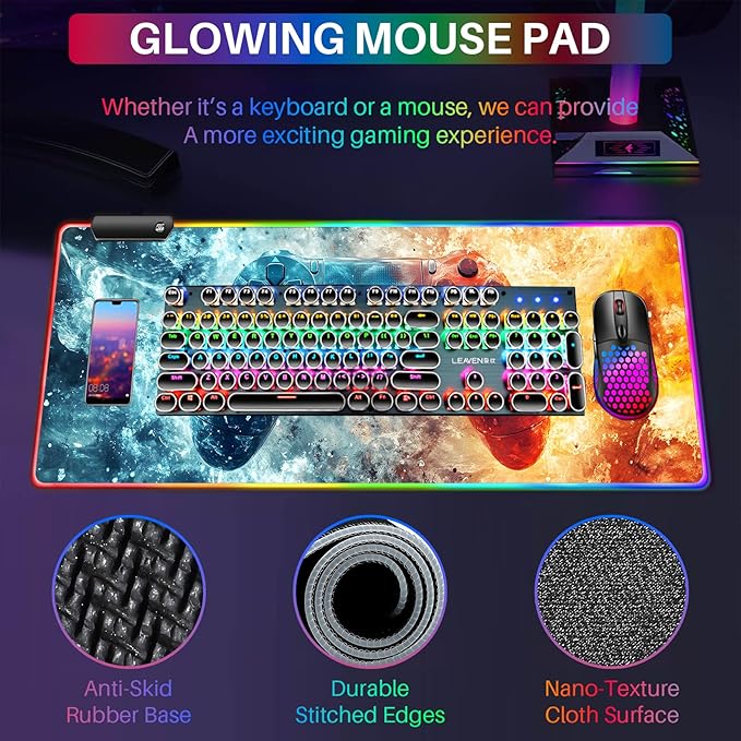 XL Led Gaming Mouse Pad with 14 Light Modes - Light Up Gamer Mouse Pad31.5 x 11.8in Non-Slip Gamepad Style RGB Large Gamer MousepadBlack Long Glowing Gaming Accessories for DeskWaterproof