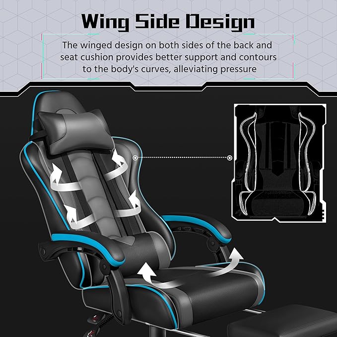 Yaheetech Gaming Chair Video Game Chair with Massage Lumbar Support and Footrest Height Adjustable Ergonomic Computer Chair with Swivel Seat and Headrest Black/Gray