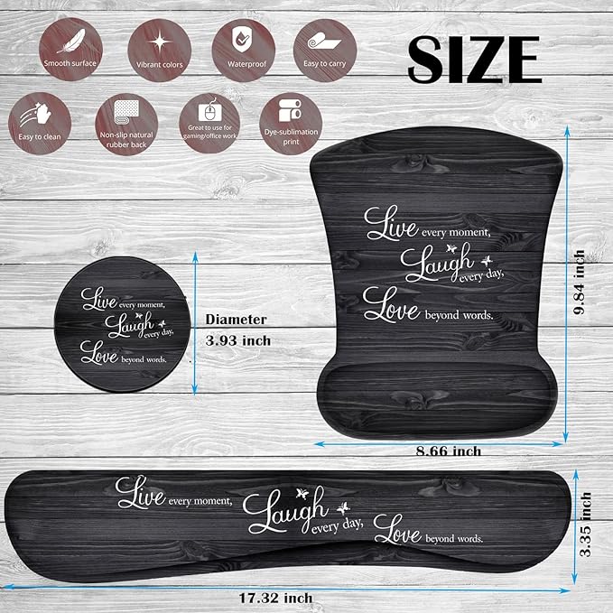 Keyboard Wrist Rest Pad and Ergonomic Mouse Pad Wrist Rest (with Coaster) Set Non-Slip Base &amp with Memory Foam for Easy Typing and Wrist Pain Relief - Quote Live Love Laugh