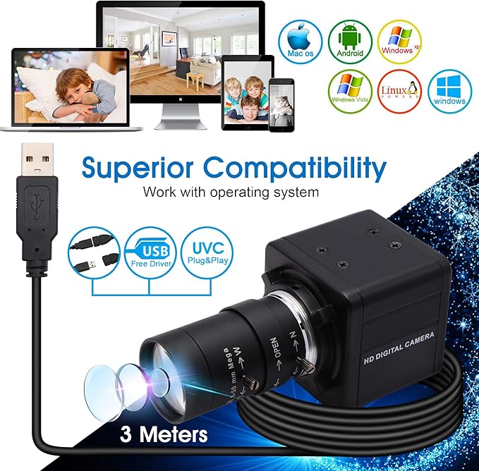 USB Camera 4K Ultra HD Webcam with 5-50mm Varifocal Lens USB Camera High Resolution 3840P Optical Web CameraManual Zoom Conference Webcam Support OPENCV on Mac/Window/Linux