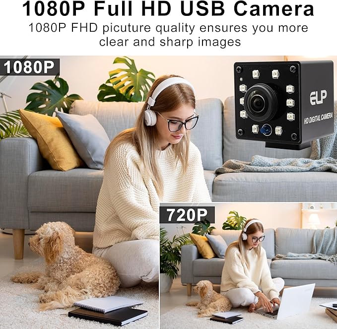 1080P Day&ampNight Vision USB Camera with Auto IR-Cut Switching 166Degree Fisheye Lens Wide Angle Webcam OV2710 30FPS/60FPS/120FPS High Speed Security Camera Plug&ampPlay for Remote Monitoring/3D