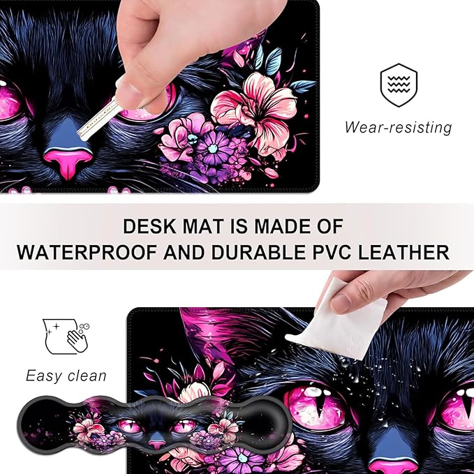 Mouse PadLarge Desk Mat Set 4in1 XL Mousepad + Keyboard Wrist Rest+Mouse Wrist Rest+Coaster with Ergonomic Desk Pad for Home Office Table Computer Cover -Cat with Pink Eyes and Flowers