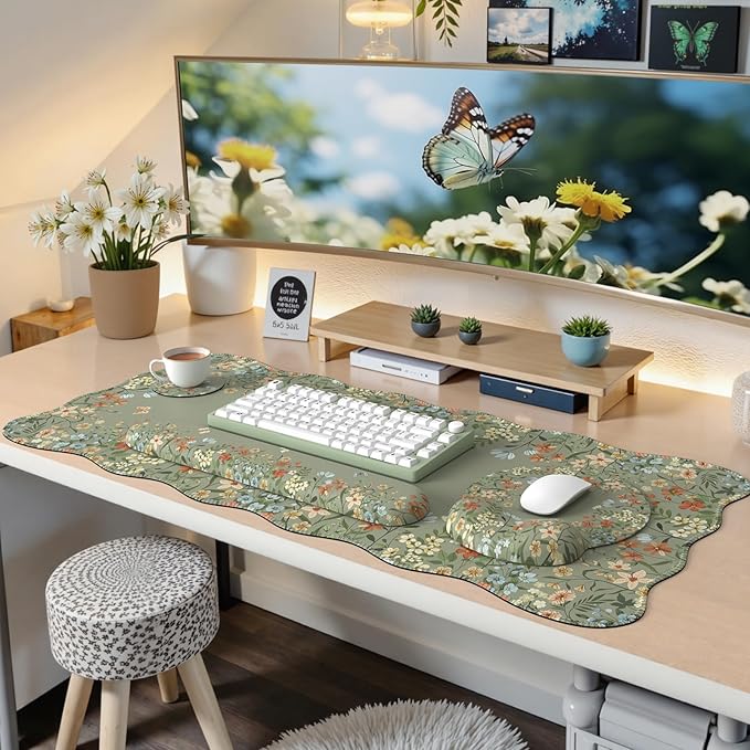 iCasso Desk Mat SetLarge Mouse Pad with Wrist RestErgonomic Keyboard Wrist Support for WomenGirly Floral Computer Mat with Scalloped EdgesNon-Slip Desk Pad Home Office Gaming (Green)