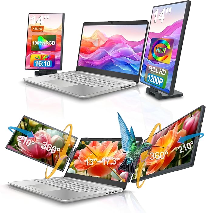 14 1200P IPS Triple Screen Portable Laptop Monitor Extender with USB Docking Station 1920x1200 FHD Plug-Play Detachable Travel Display for 13-17 Notebook for HDMIUSB-A and USB-C