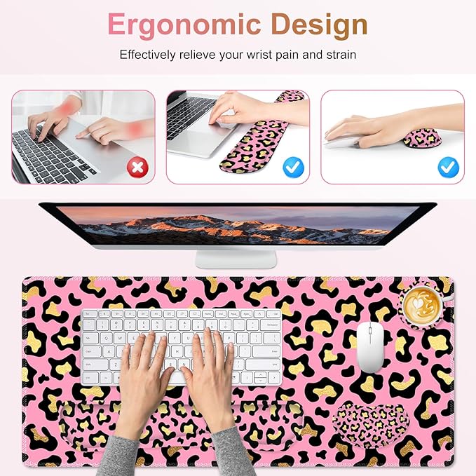 Large Gaming Mouse Pad Set 4 in 1 Extended Keyboard Desk Mat with Wrist Rest PC Computer Game Mousepad Set Non-Slip Desk Pad Easy Typing Pain Relief for Home Office I Pink Leopard Print