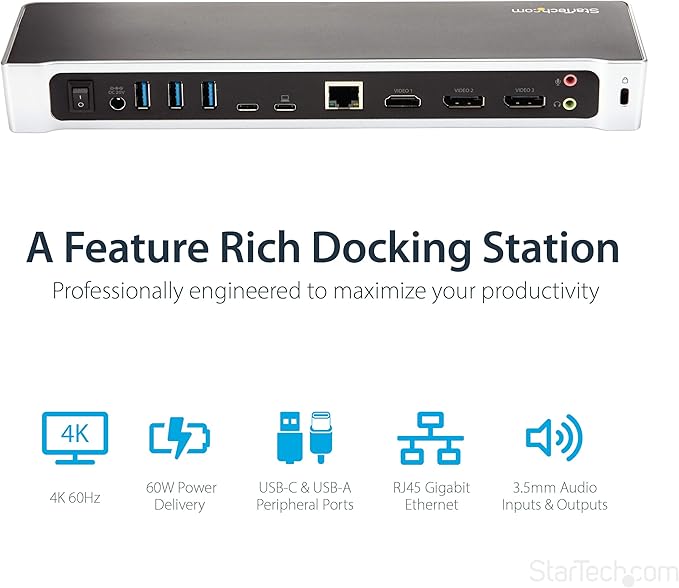 StarTech.com USB-C Triple Monitor Docking Station for MacBook Pro / Air M1 M2 M3 M4 &amp Windows Universal 4K HDMI DP Dock Thunderbolt Compatible 60W Laptop Charging - TAA Black &amp Space Gray