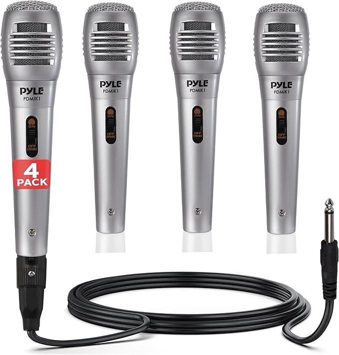 Pyle Professional Dynamic Microphone - 4-Pack Unidirectional Handheld Mic with Built-in Pop Filter High Signal Output 6.5 ft. XLR Audio Cable Ideal for Stage Karaoke &amp Studio Performances