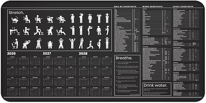 Mac Productivity Desk Mat – Keyboard Shortcuts Wellness Guide &amp 3-Year Calendar | XL Office Mouse Pad for Excel Word &amp macOS Shortcuts | Ergonomic Workspace Mat