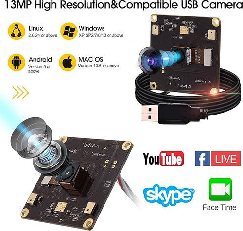 13mp USB Camera Module with Microphone Autofocus Audio Video Webcam Board for Computer Mini UVC USB2.0 PC Camera Industrial Embedded USB with Camera IMX214 Lightburn Camera for Laptop Jetson Nano
