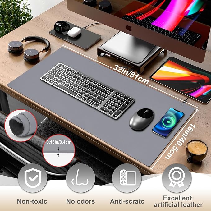Desk Mat with Wireless Charging Grey Mouse Pad with Wireless Charger Desk Pad Matt for Desktop Mousepad Gaming Large Mouse Pad Leather Compute for Keyboard and Mouse 32 x 16