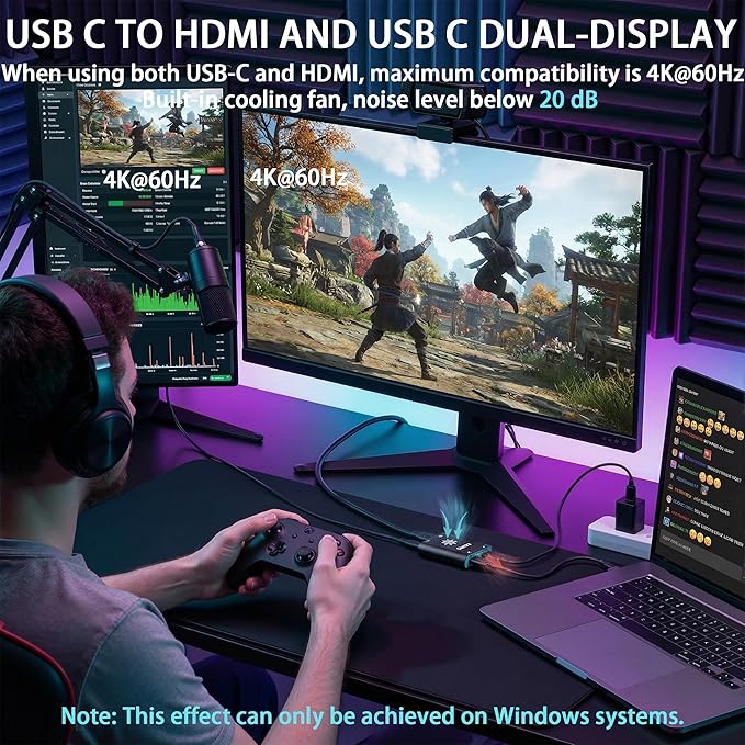 USB C to HDMI and USB C Dual-Display Adapter Power to Xreal/Viture/RayNeo AR Glasses or HDMI/Type C Monitors While Charging for Steam Deck ROG Ally Switch Compatible 4K 144Hz|Built-in Cooling Fan