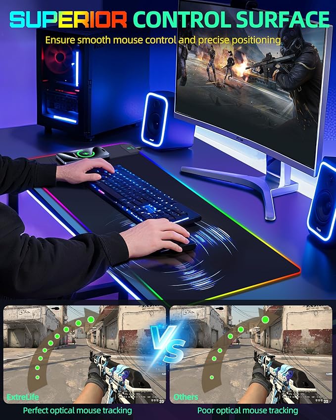 Wireless Charging Mouse Pad RGB Gaming Desk Mat 31.5x15.7 Large XXL Desk Pad 15 Lighting Modes Ultra-Smooth Surface Non-Slip Mouse Mat Waterproof Computer Keyboard Pad for Desk Office Black
