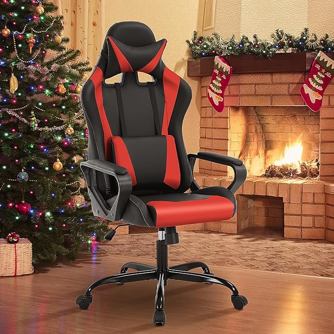 BLKMTY Gaming Chair Video Game Ergonomic Office Racing Computer PU Leather Chair - High Back Executive Task with Lumbar Support Headrest Swivel Chairs Red
