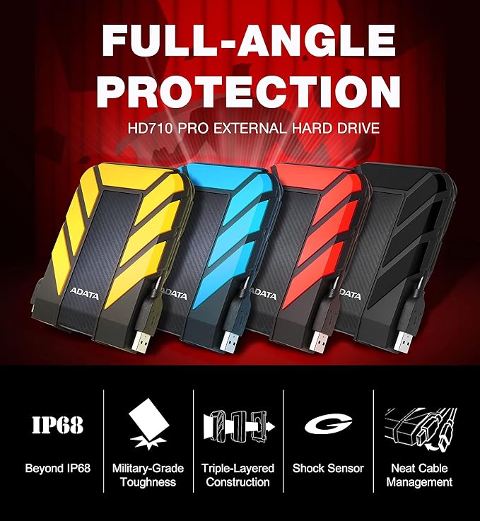 ADATA HD710 Pro - 2 TB External Hard Drive - Shockproof Waterproof &amp Dustproof - Durable Storage - For Gamers Students &amp Professionals - Mac PC &amp Linux Compatible - Blue - AHD710P-2TU31