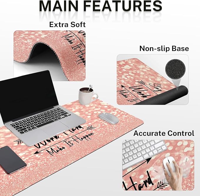 Arttown Desk Mat Rose Gold Pink Mouse Pad Set with Wrist Support 4-in-1 Large Mousepad+Keyboard Wrist Rest+Mouse Wrist Rest+Coaster with Ergonomic Design Non-Slip Mat for Office Home Decor