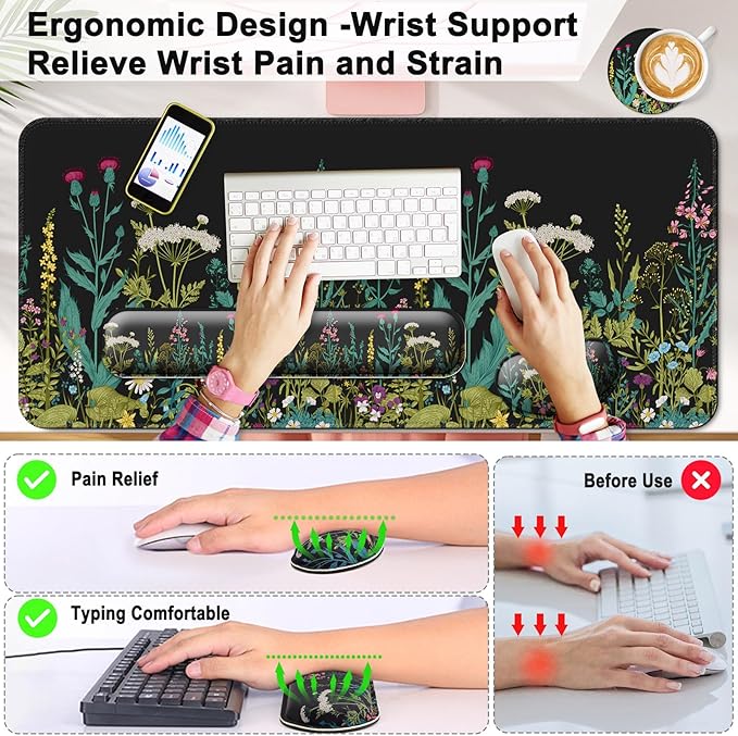Keyboard Wrist Rest + Mouse Pad with Wrist Support + Desk Mat + Coaster 4 in 1 Set XXL Large Gaming Mousepad Cute Ergonomic Mouse Pads for Desk Computer Laptop Office Decor-Little Flowers