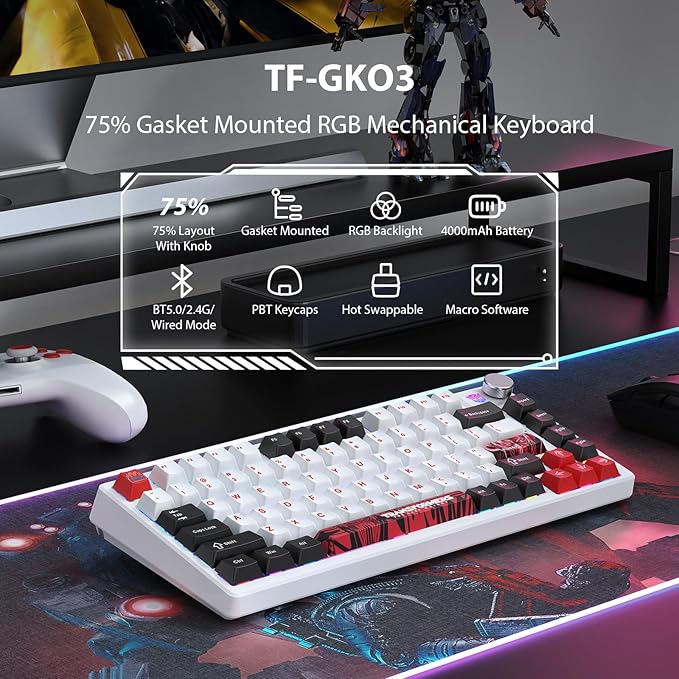Transformers GK03 Mechanical Keyboard WirelessRGB Creamy Gaming Keyboard Wireless BT5.0/USB-C/2.4GHzCustom Hi-Fi Linear SwitchHot-Swap Socket/Knob Control Computer Keyboards (Optimus Prime White)