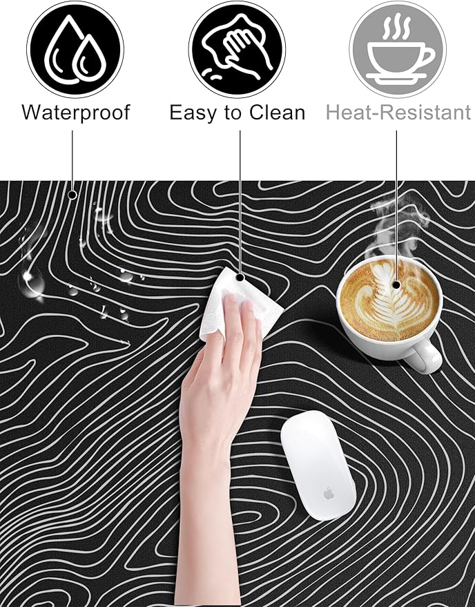 TopMade Mouse Pad with 15W Fast Wireless Charging 31.5x15.75 XXL Large Gaming Waterproof Desk Pad with Ultra-Smooth Surface Non-Slip Base Computer Desk Mat Black Topographic Map #1